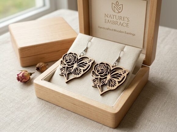 Butterfly Rose Heart Laser Cut Earring