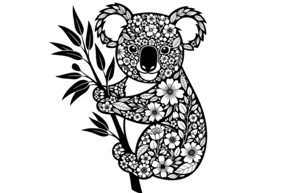 Floral Koala SVG Cut File Black and