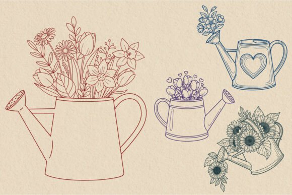 Floral Watering Can Line Art Garden SVG