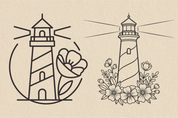 Minimal Floral Lighthouse Line Art SVG