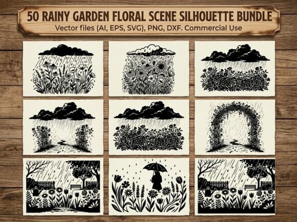 Rainy Garden Floral Scene Silhouette
